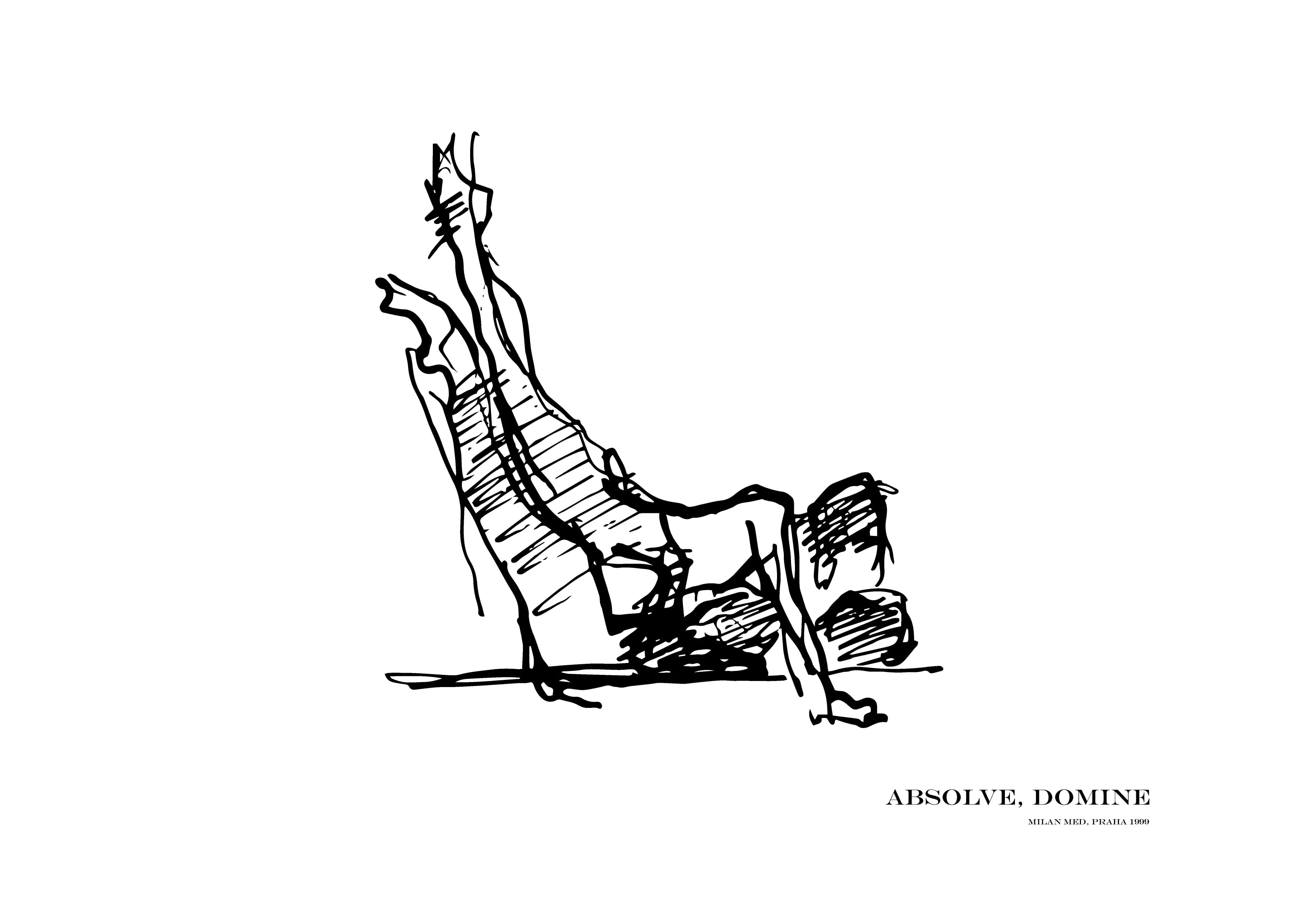 Black-and-white drawing of two dancers performing a floor pose with raised legs during a rehearsal of the ballet Amen!, by Milan Med, 1999.