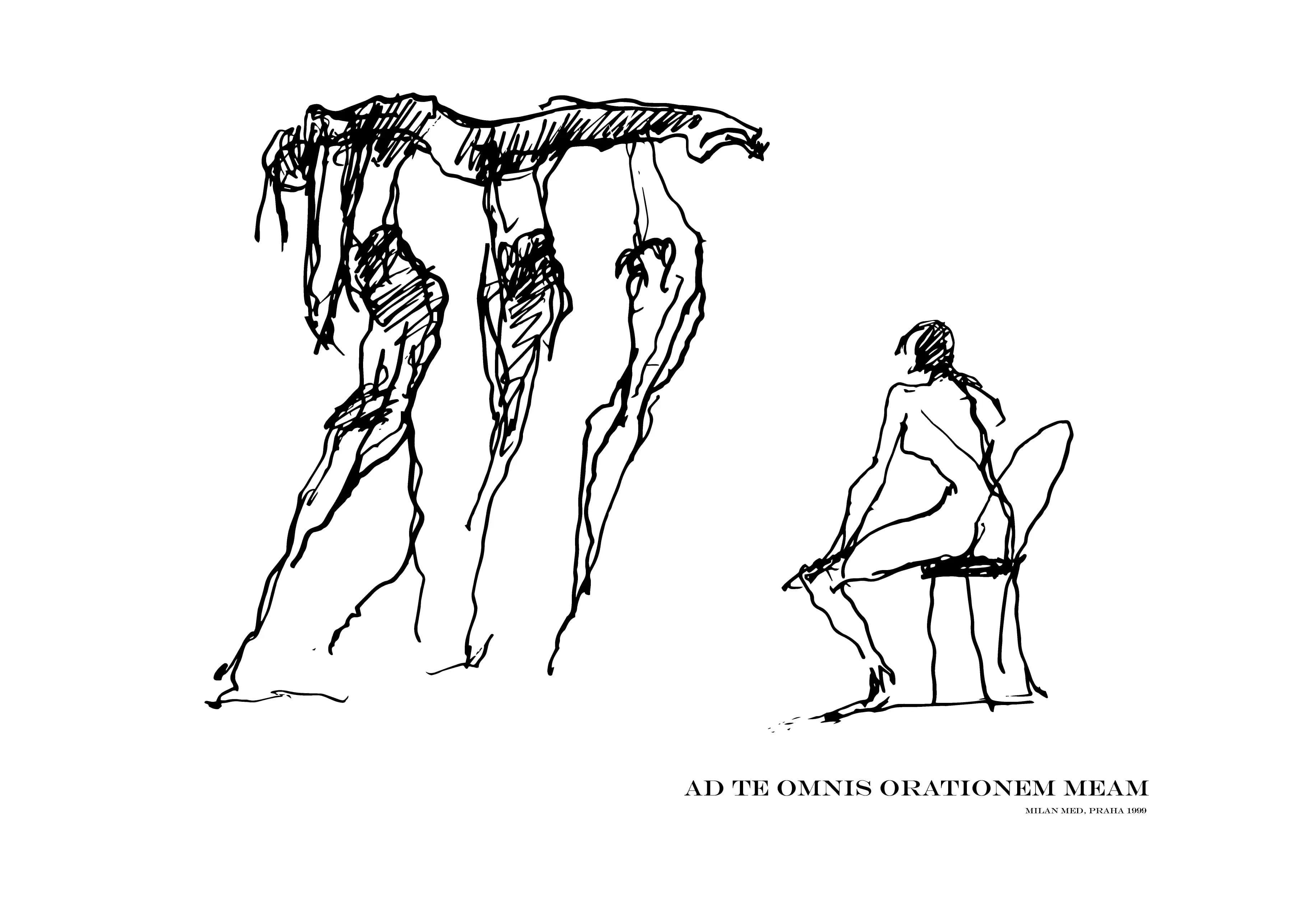 Black-and-white drawing of dancers rehearsing the ballet Amen!, created by Milan Med in Prague in 1999.