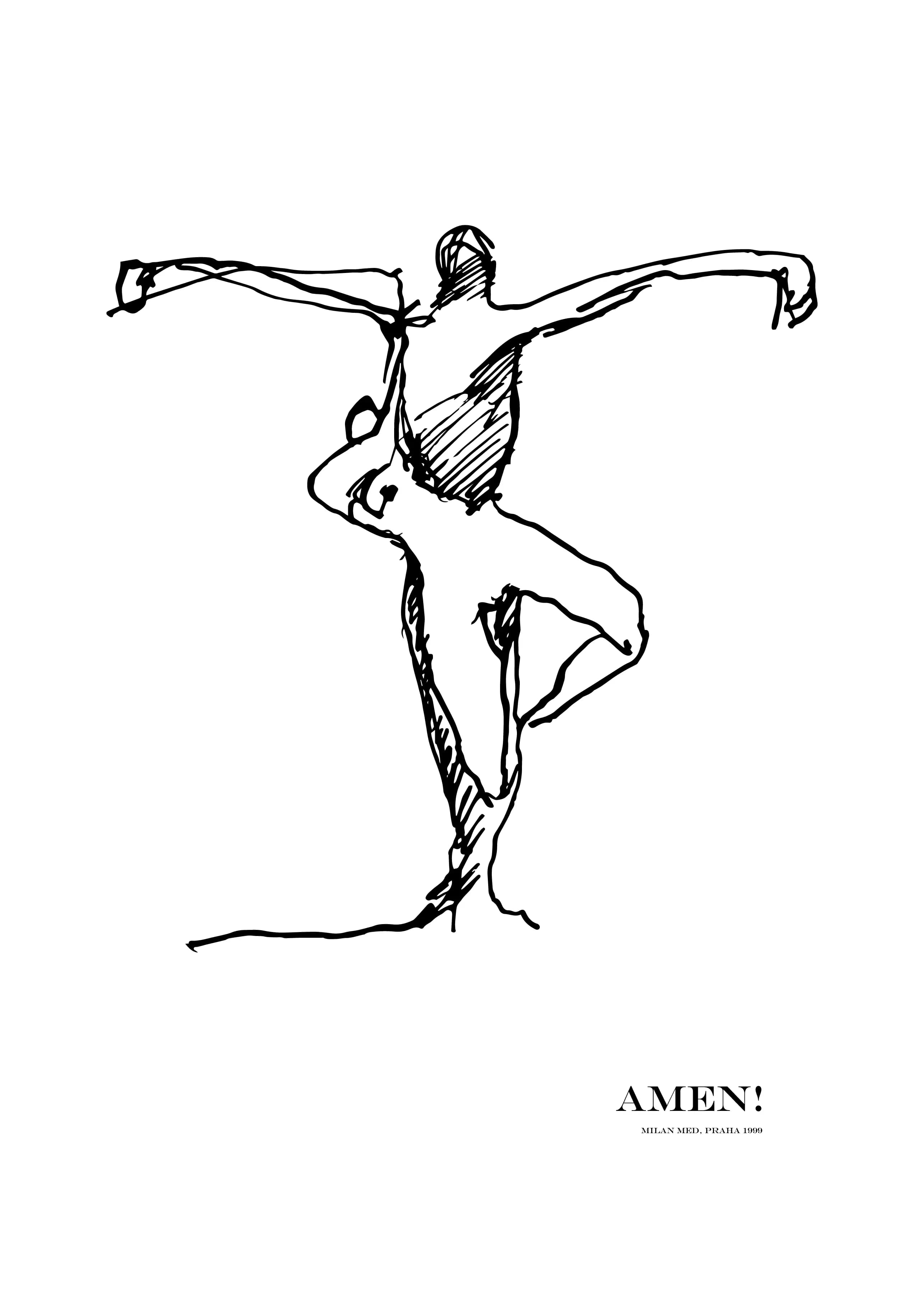 Black-and-white drawing of two dancers in a balanced standing pose during a rehearsal of the ballet Amen!, by Milan Med, 1999.