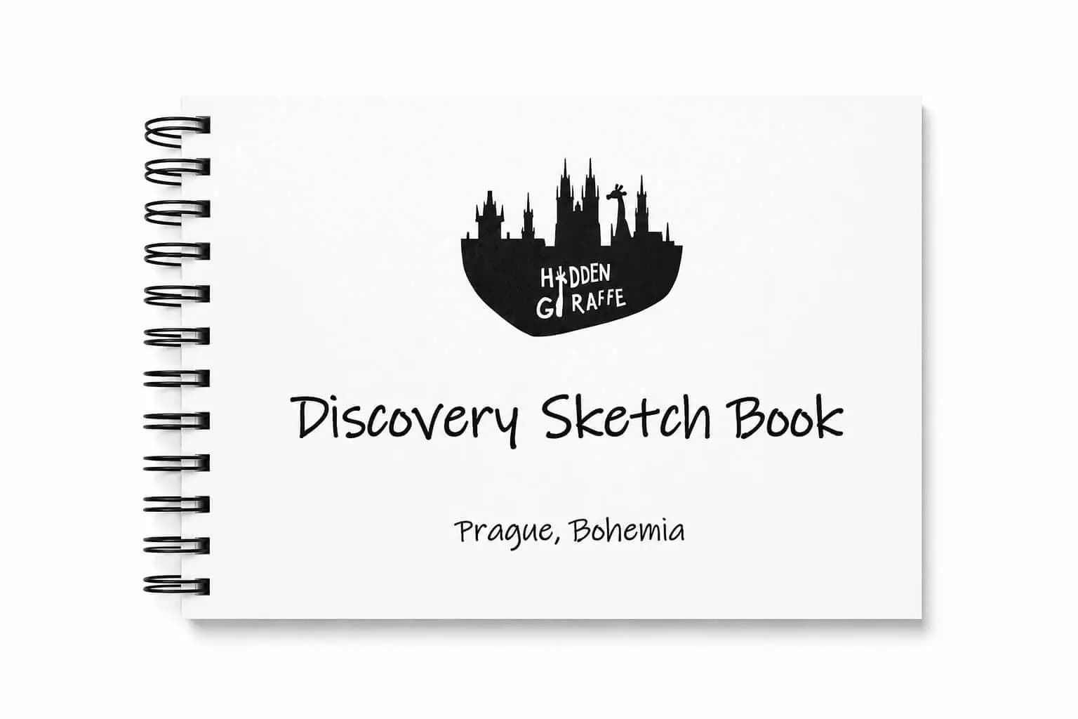 Hidden Giraffe Discovery Sketch Book with spiral binding and Prague, Bohemia cover design.