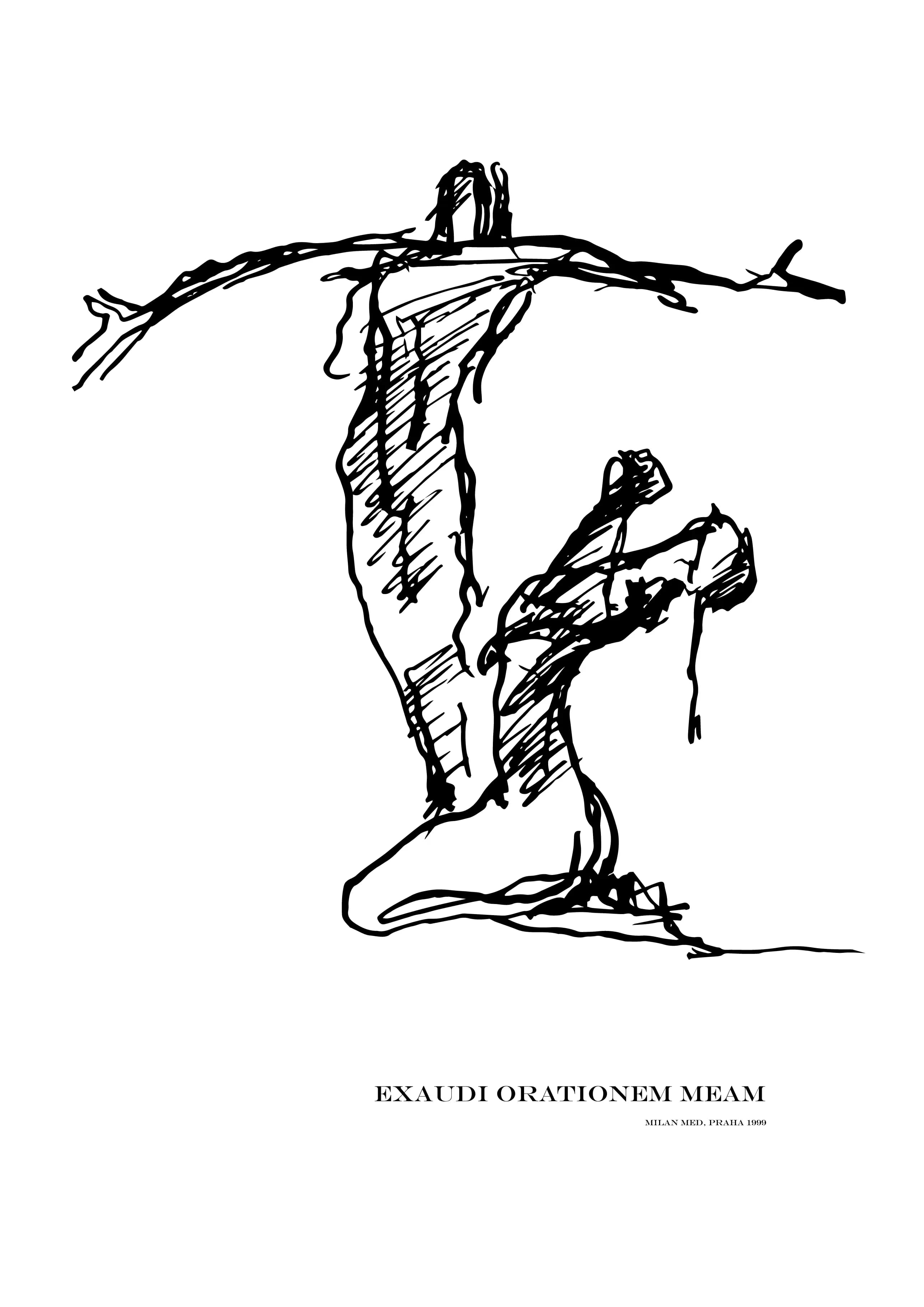 Black-and-white drawing of two dancers in expressive poses during a rehearsal of the ballet Amen!, by Milan Med, 1999.