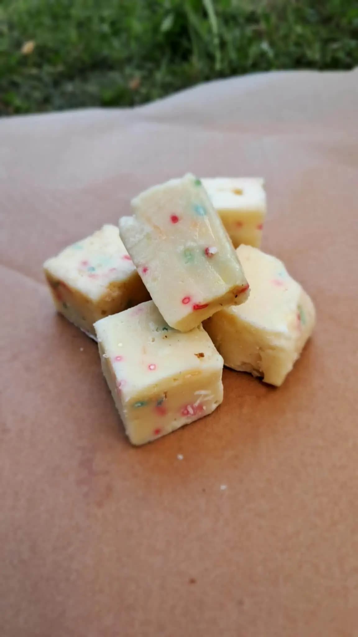 Vanilla fudge pieces with colourful sprinkles