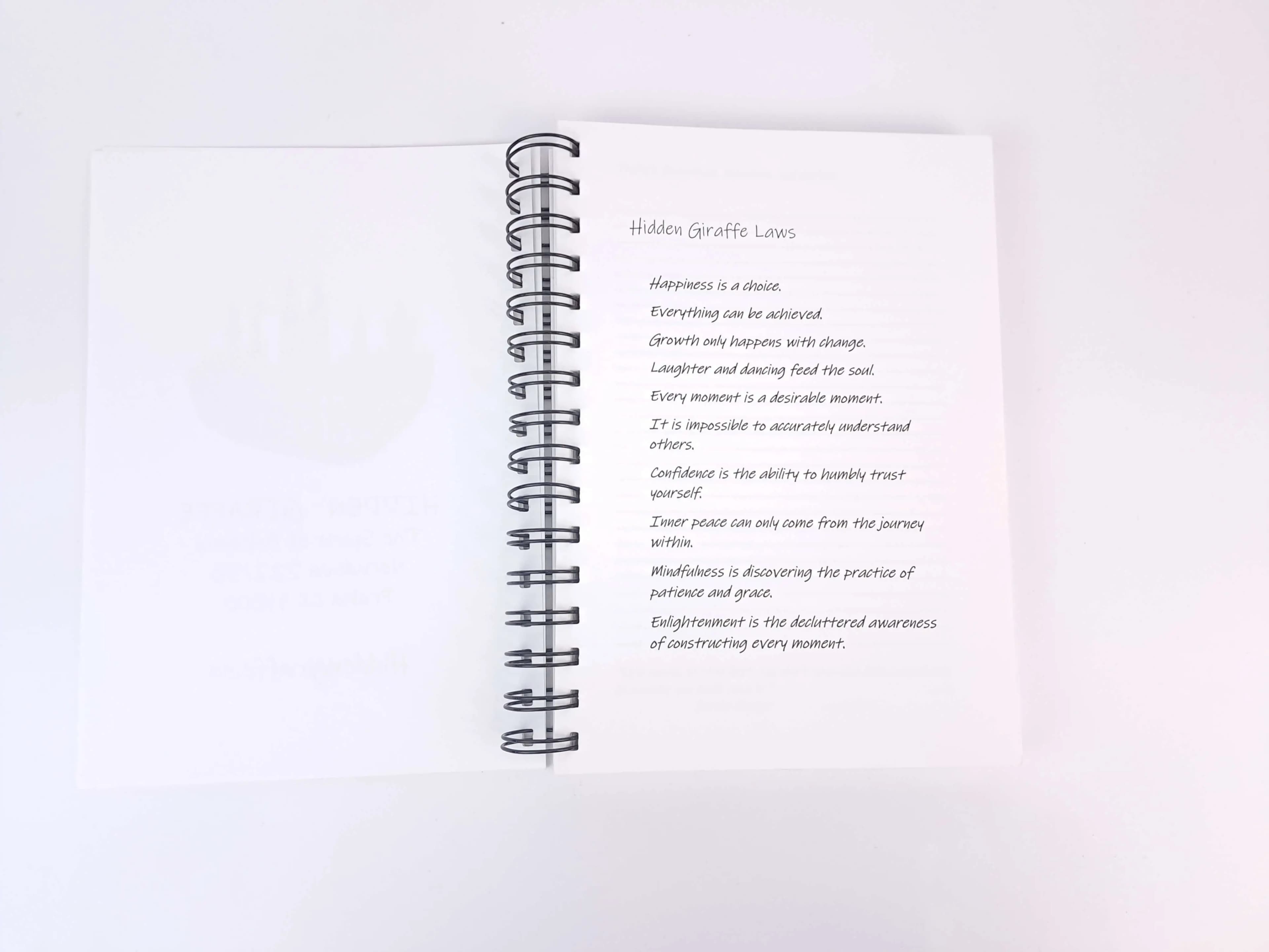 Open Hidden Giraffe Discovery Journal showing a lined page titled “Hidden Giraffe Laws” with a collection of inspirational thoughts.