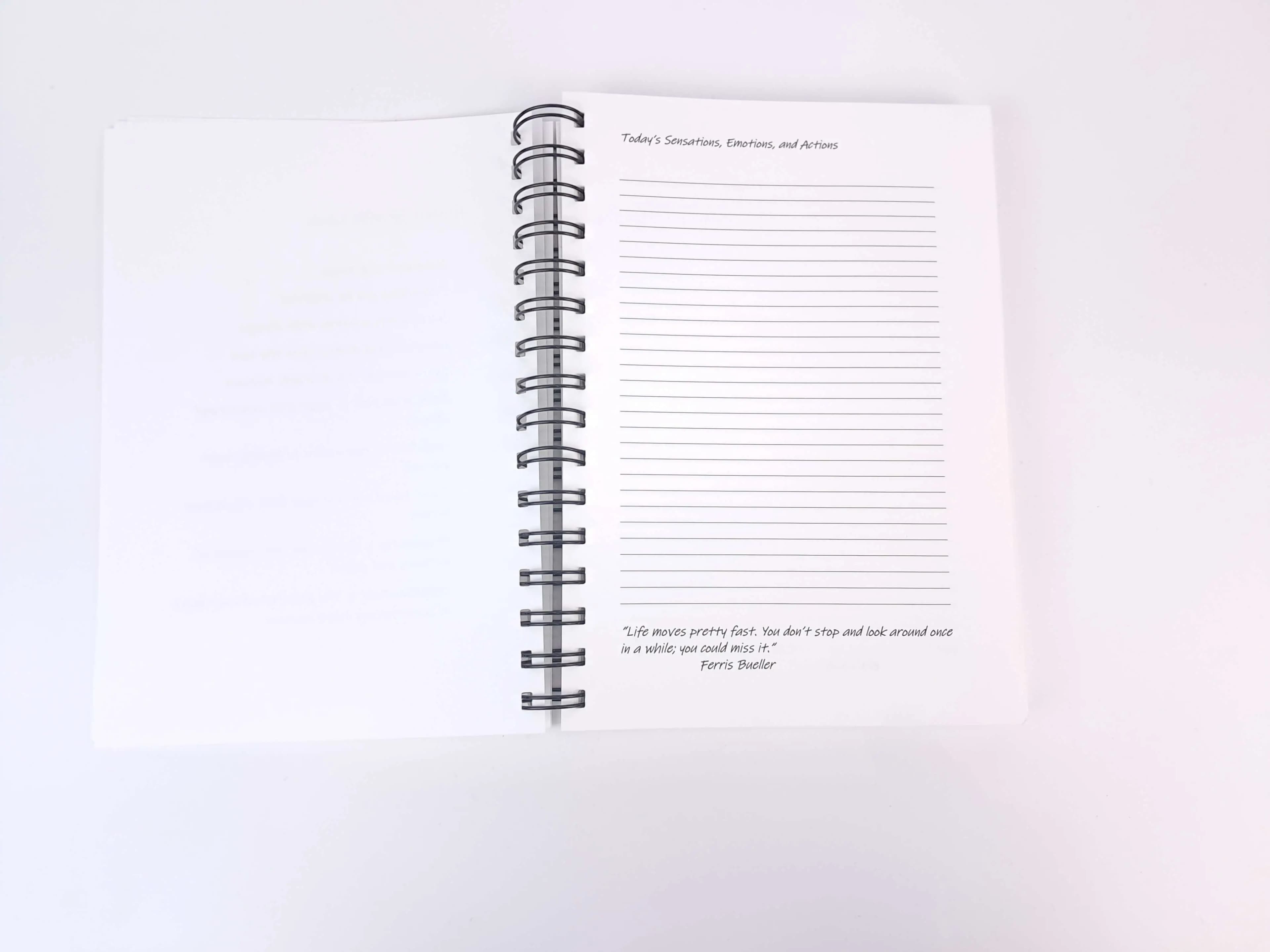 Open Discovery Journal showing a lined page for recording the day’s sensations, emotions and actions, with a quote by Ferris Bueller.