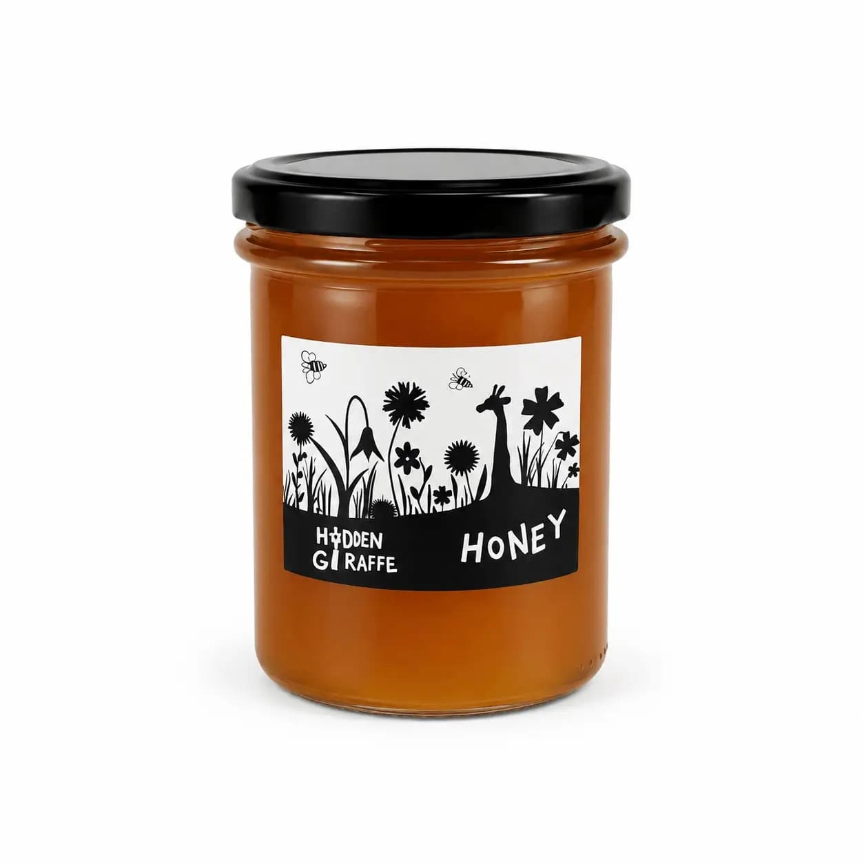 Jar of Hidden Giraffe honey with illustrated giraffe and wildflower label