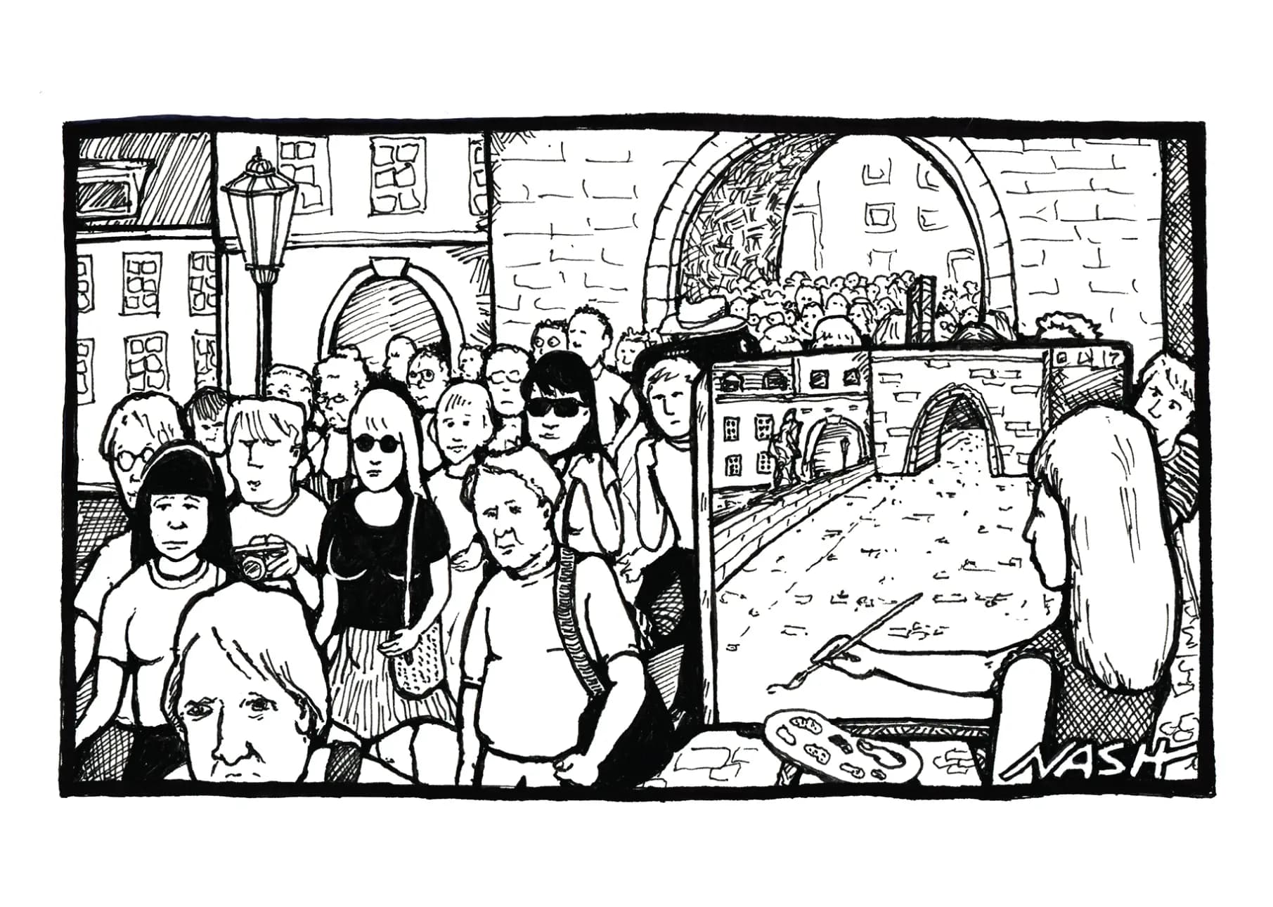 Černobílá ilustrace zaplněného Karlova mostu v Praze s pouličním malířem při práci od Kena Nashe.