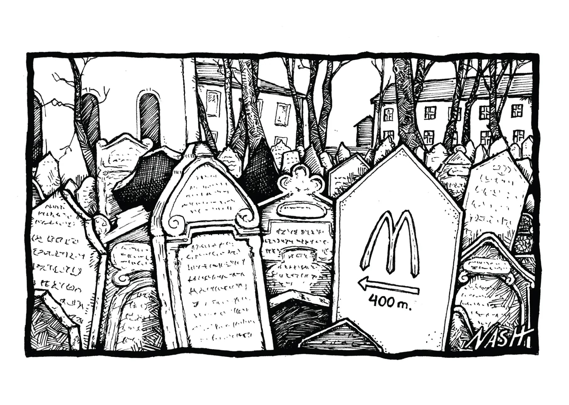 Black-and-white illustration of Prague’s Old Jewish Cemetery with a McDonald’s sign among the gravestones, by Ken Nash.