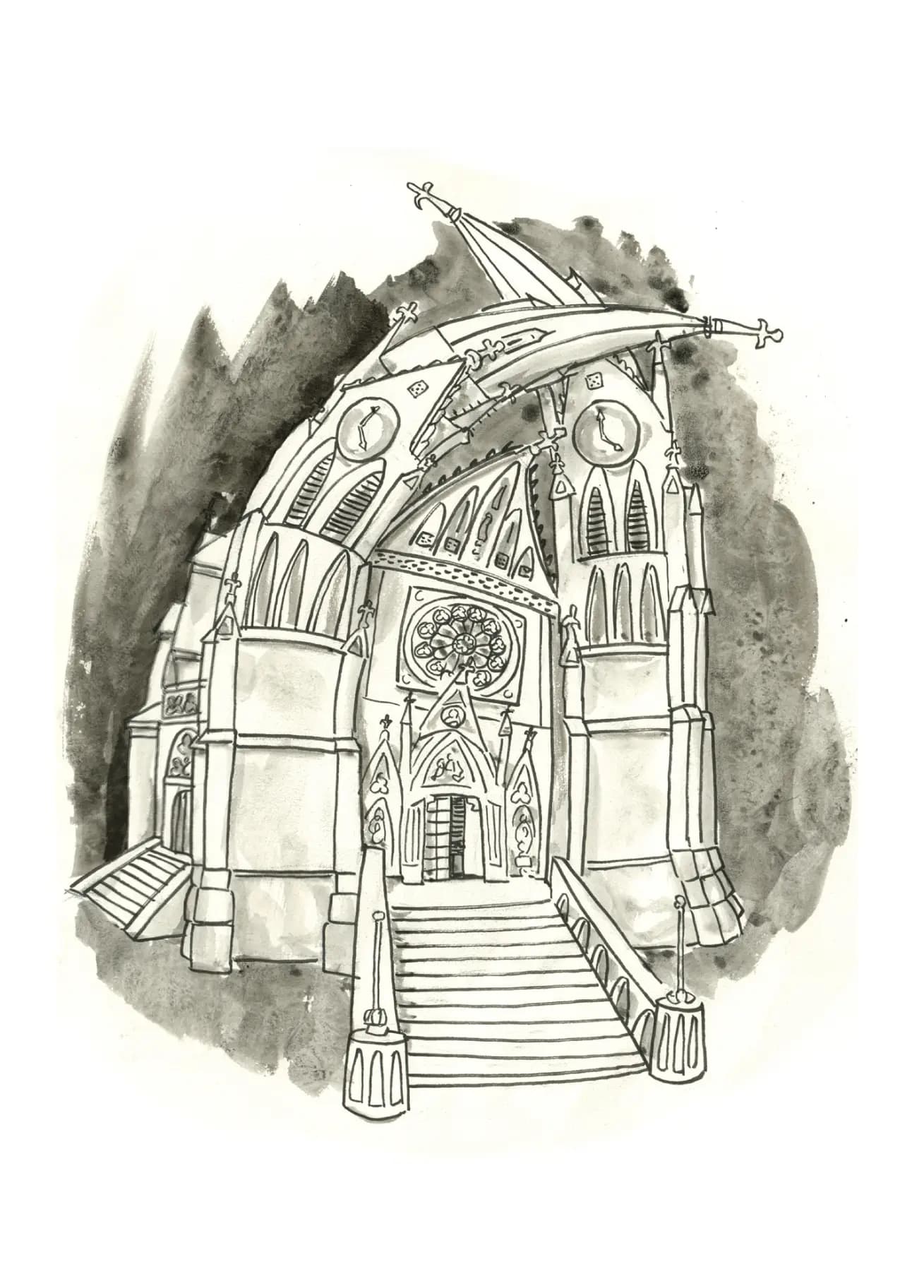 Black-and-white illustration of St Ludmila Church at Náměstí Míru in Prague by Ken Nash.