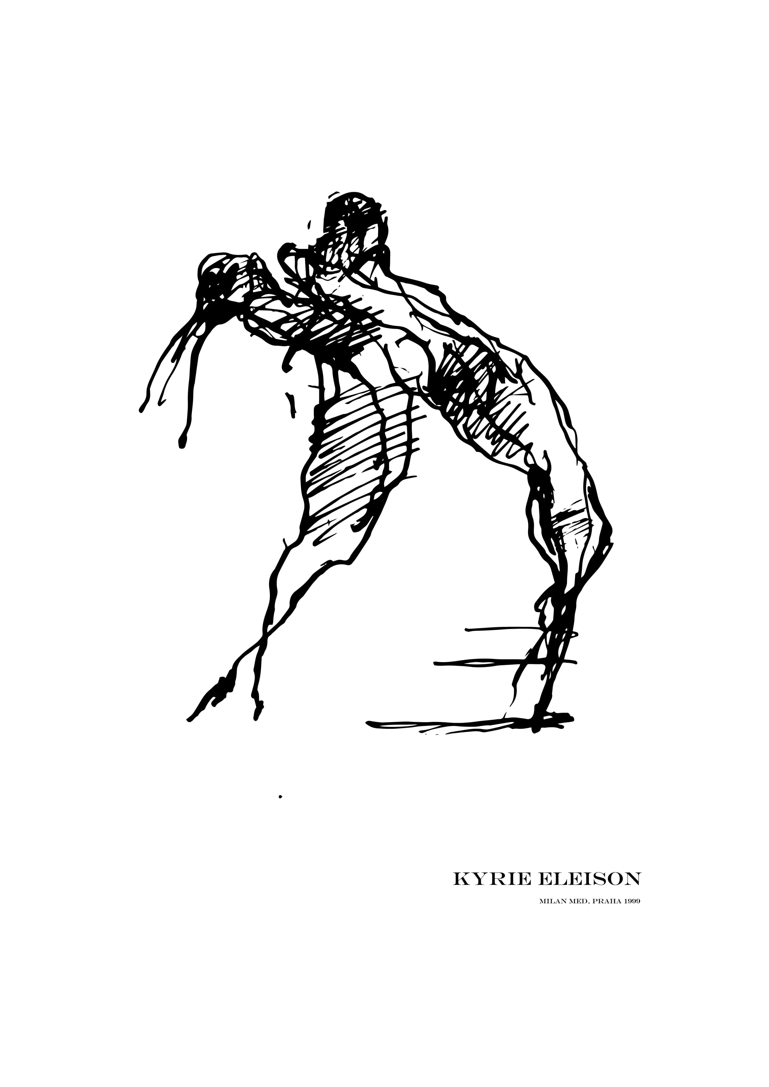 Black-and-white drawing of two dancers leaning backwards in a dramatic partnered pose during a rehearsal of the ballet Amen!, by Milan Med, 1999.
