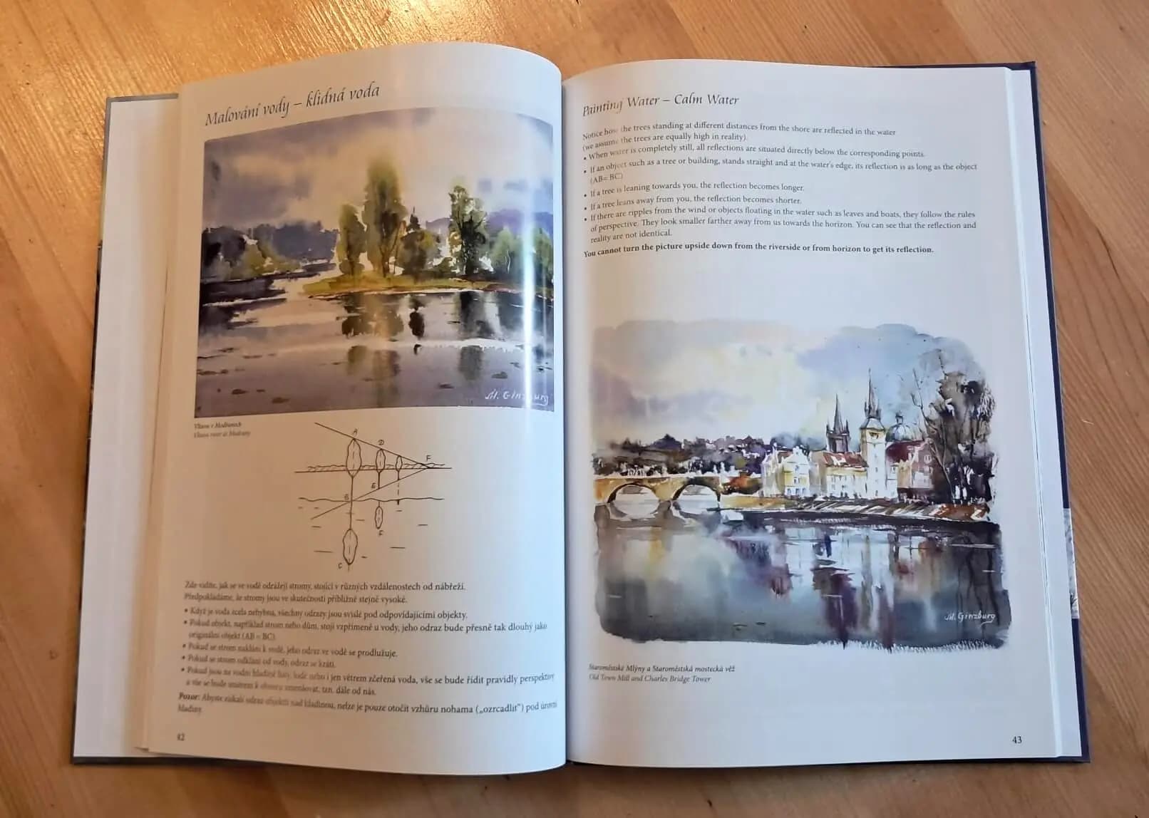Inside pages of Painting Prague in Watercolour showing techniques for painting water and reflections