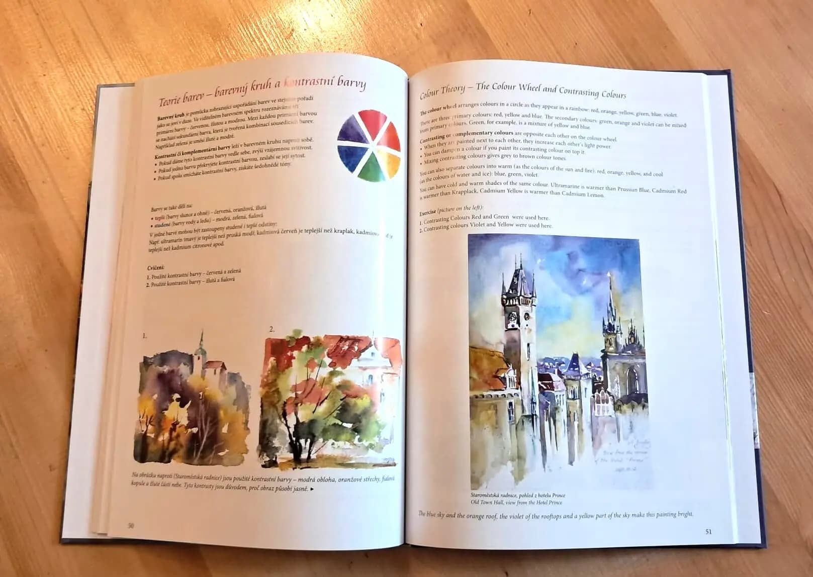 Inside pages of Painting Prague in Watercolour showing colour theory and contrasting colours