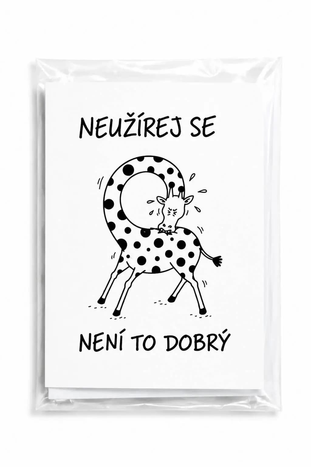 A6 greeting card with a humorous illustration of a giraffe biting its own back