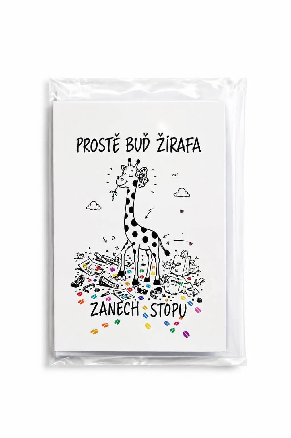 A6 greeting card with a giraffe illustration and colourful footprints