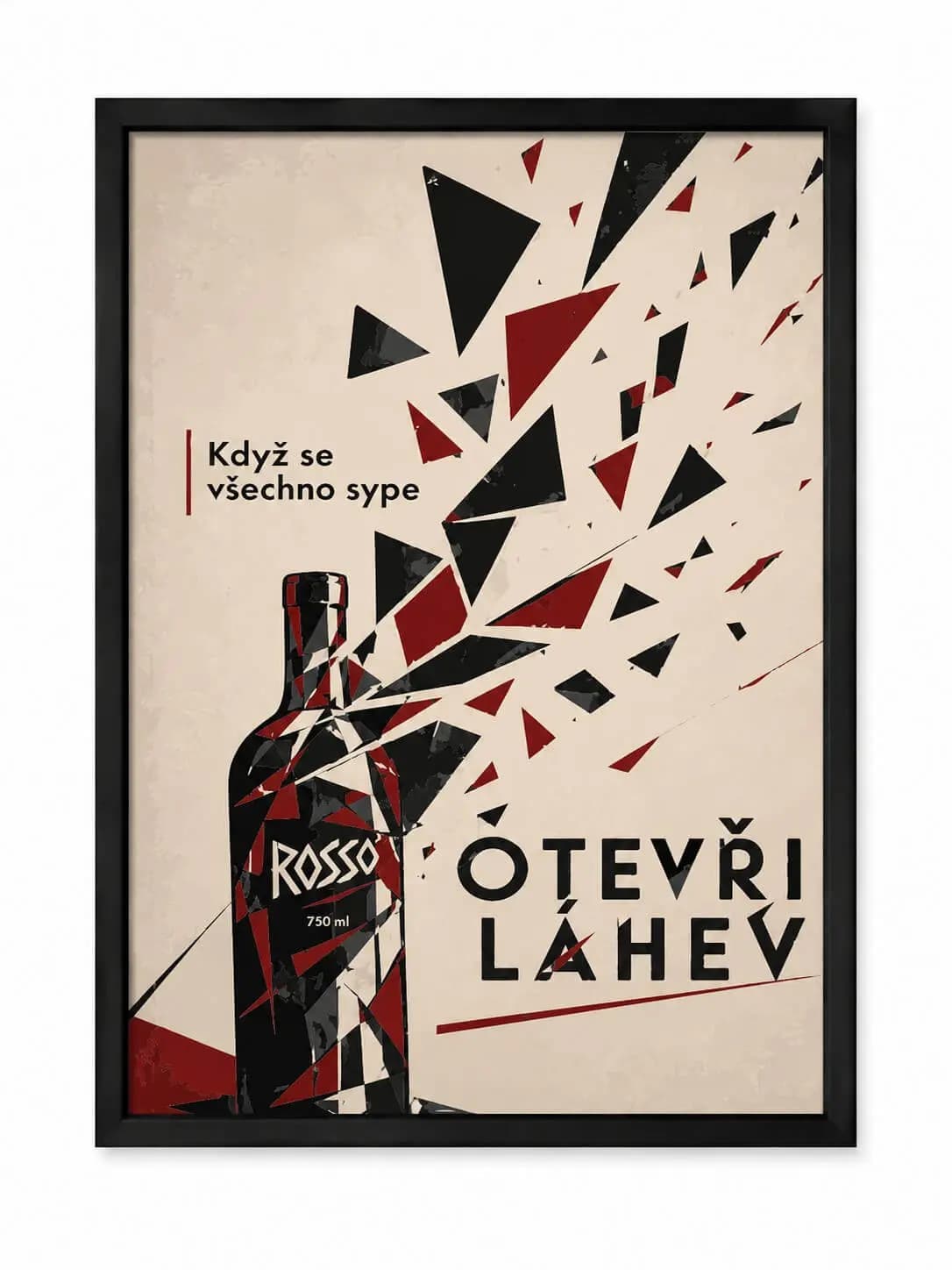 OTEVŘI LÁHEV art print with a geometric wine bottle and scattered fragments in a black frame