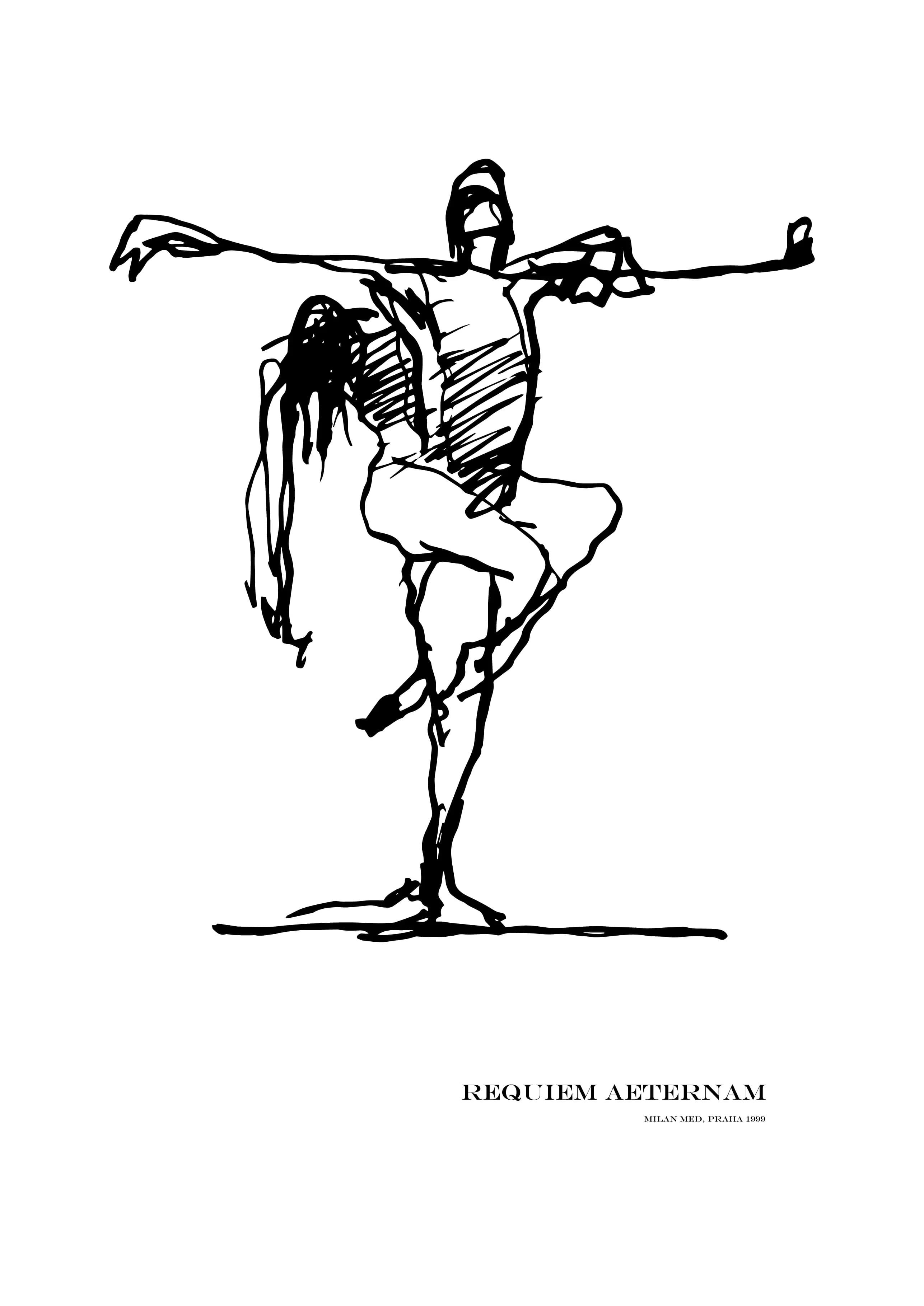 Black-and-white drawing of two dancers held in a dramatic balanced pose during a rehearsal of the ballet Amen!, by Milan Med, 1999.