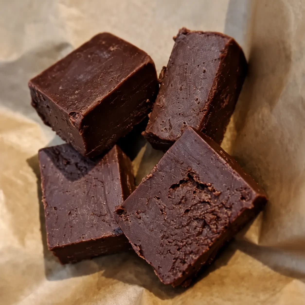 Dark chocolate fudge pieces with a rich, dense chocolate texture