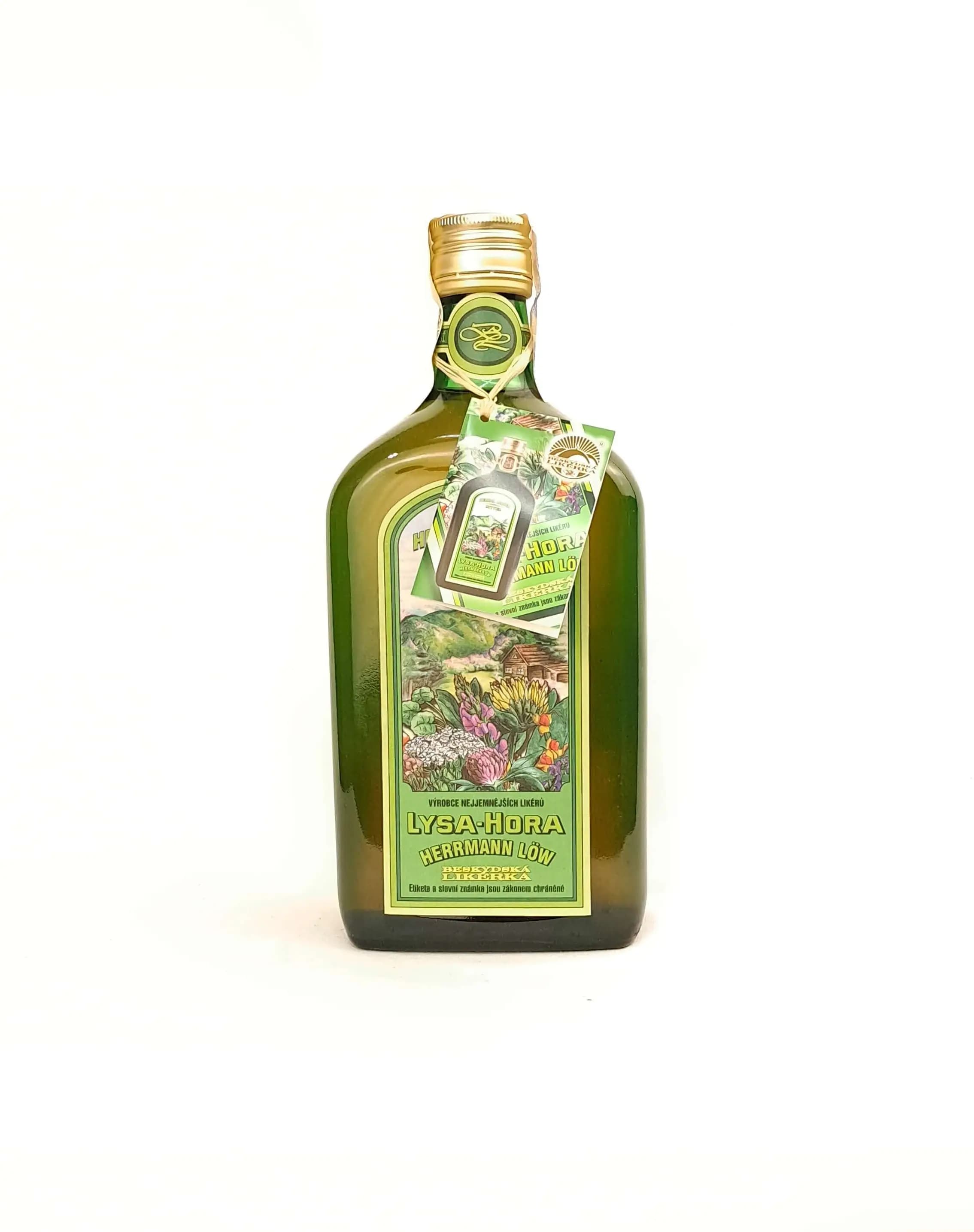 Lysa-Hora Herrmann Löw herbal liqueur in a green bottle